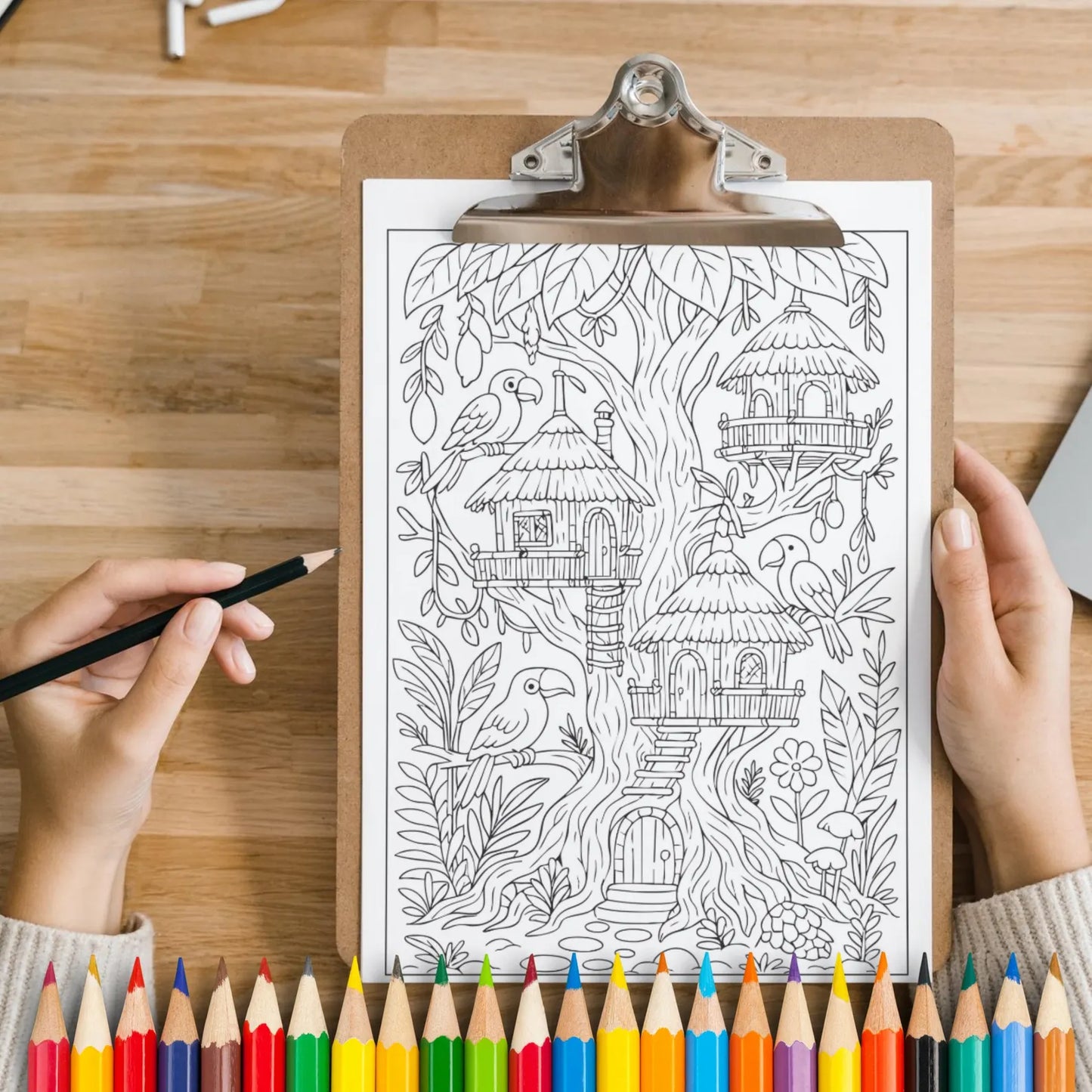 Treehouse Coloring Pages Printable PDF | Whimsical Forest Treehouses | Stress Relief Coloring