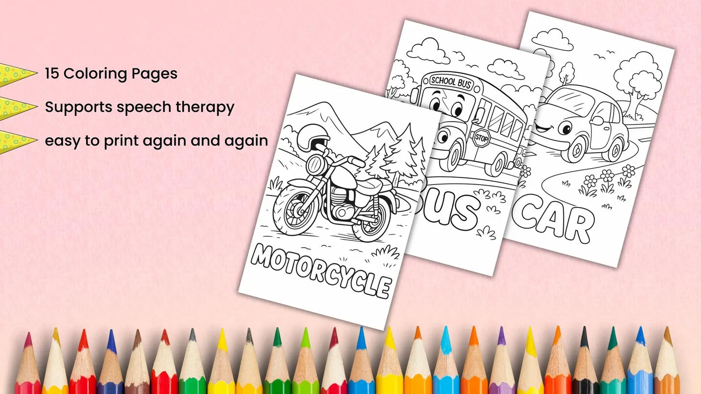 Transportation Coloring Pages Printable PDF | Vehicle Vocabulary Worksheets | Speech Therapy & ESL | Kids