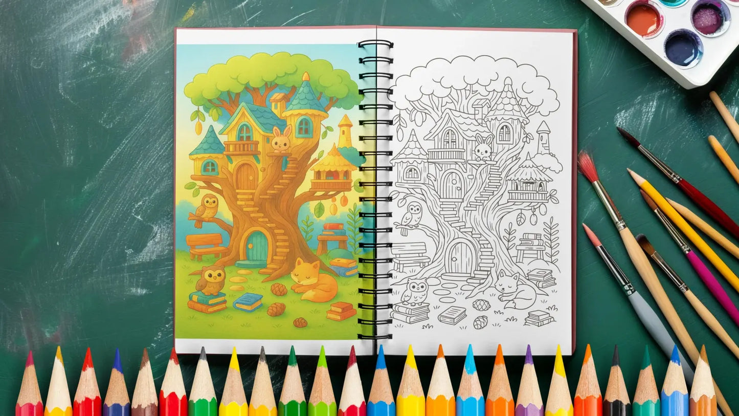 Treehouse Coloring Pages Printable PDF | Whimsical Forest Treehouses | Stress Relief Coloring
