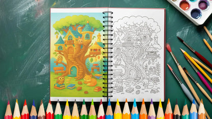 Treehouse Coloring Pages Printable PDF | Whimsical Forest Treehouses | Stress Relief Coloring