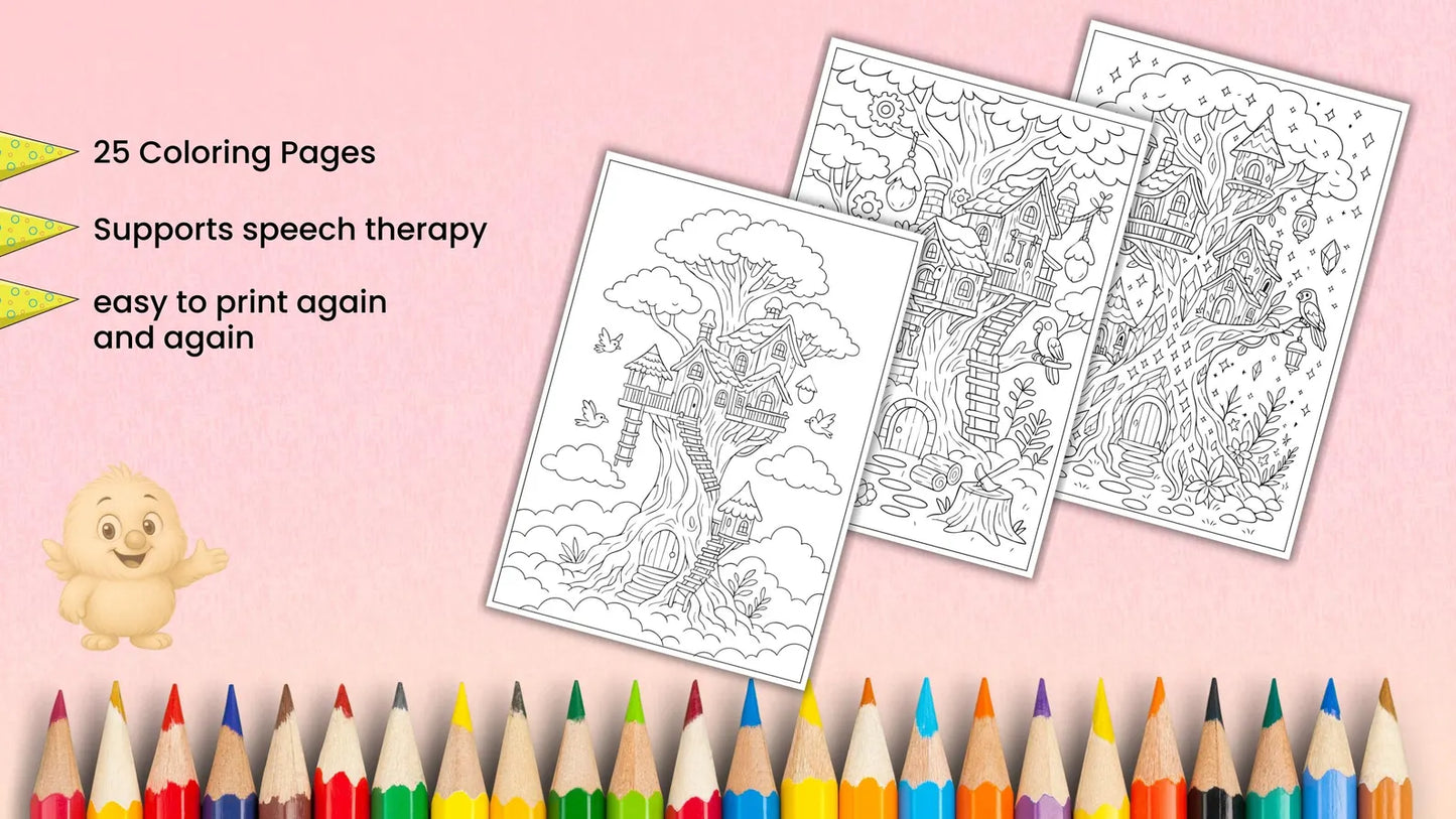 Treehouse Coloring Pages Printable PDF | Whimsical Forest Treehouses | Stress Relief Coloring