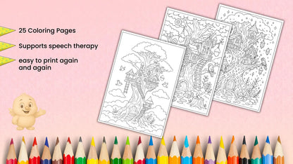 Treehouse Coloring Pages Printable PDF | Whimsical Forest Treehouses | Stress Relief Coloring