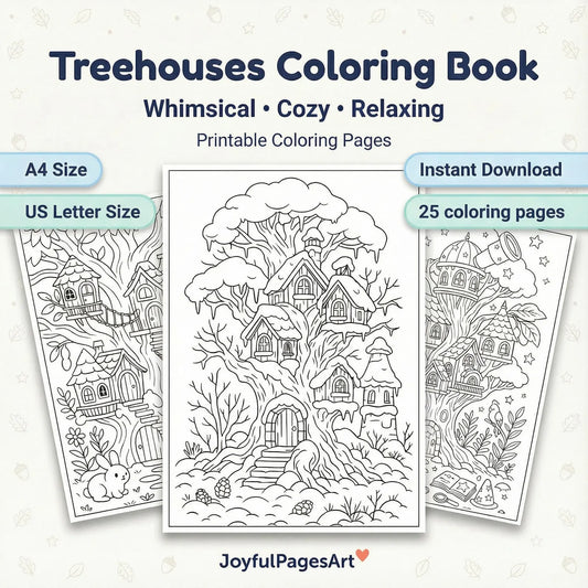 Treehouse Coloring Pages Printable PDF | Whimsical Forest Treehouses | Stress Relief Coloring