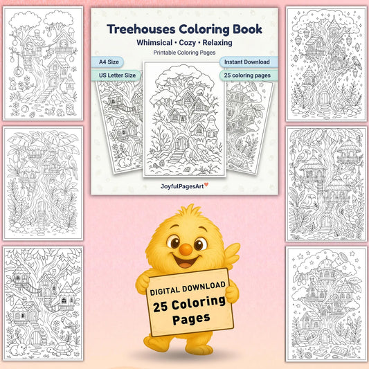 Treehouse Coloring Pages Printable PDF | Whimsical Forest Treehouses | Stress Relief Coloring