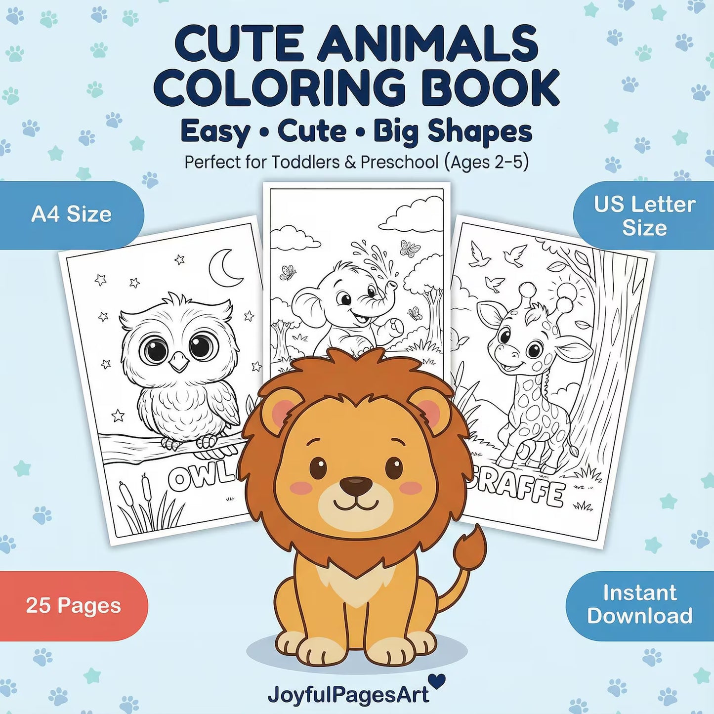 Animal Coloring book Printable PDF | 25 Coloring Pages | Easy Bold Outlines | Kids Activity