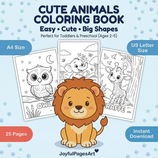Animal Coloring book Printable PDF | 25 Coloring Pages | Easy Bold Outlines | Kids Activity
