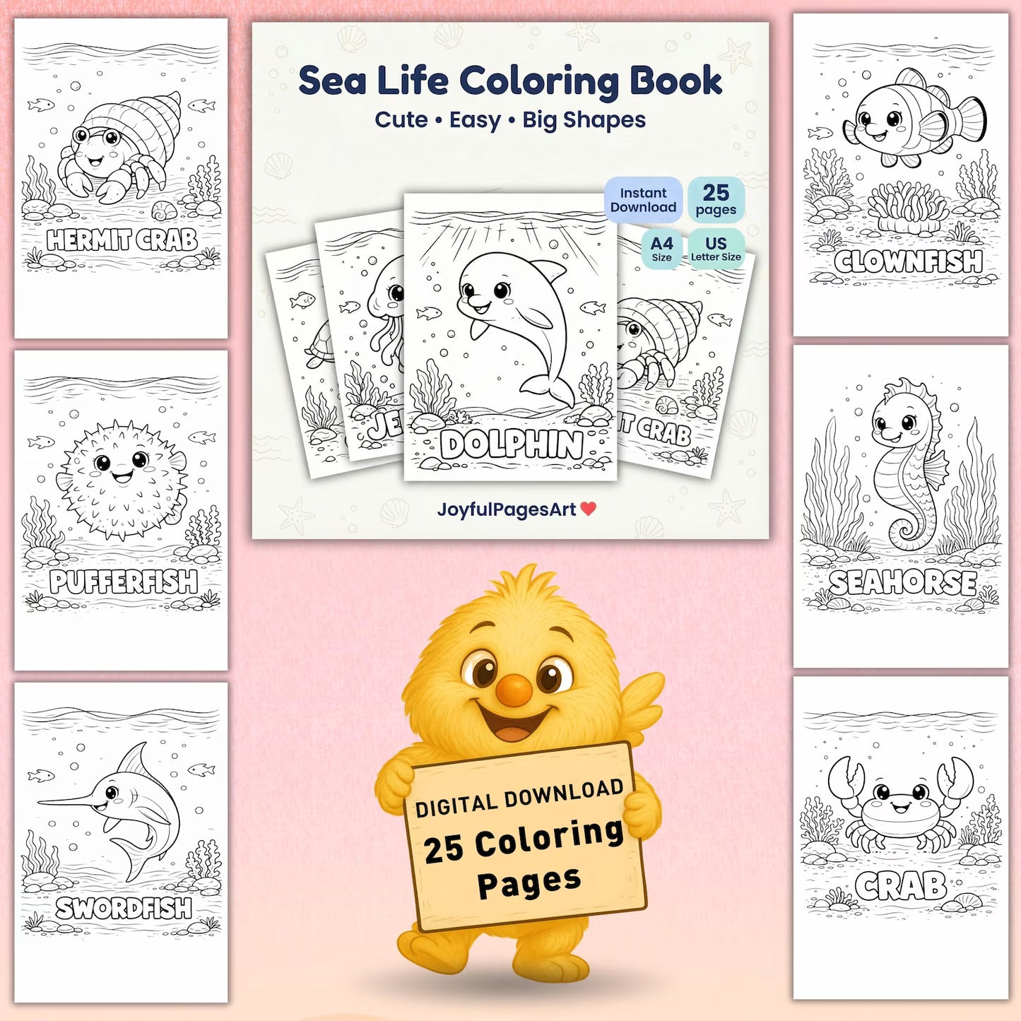 Ocean Animals Coloring Pages with Names | Sea Life Coloring Book for Kids | Bold & Easy