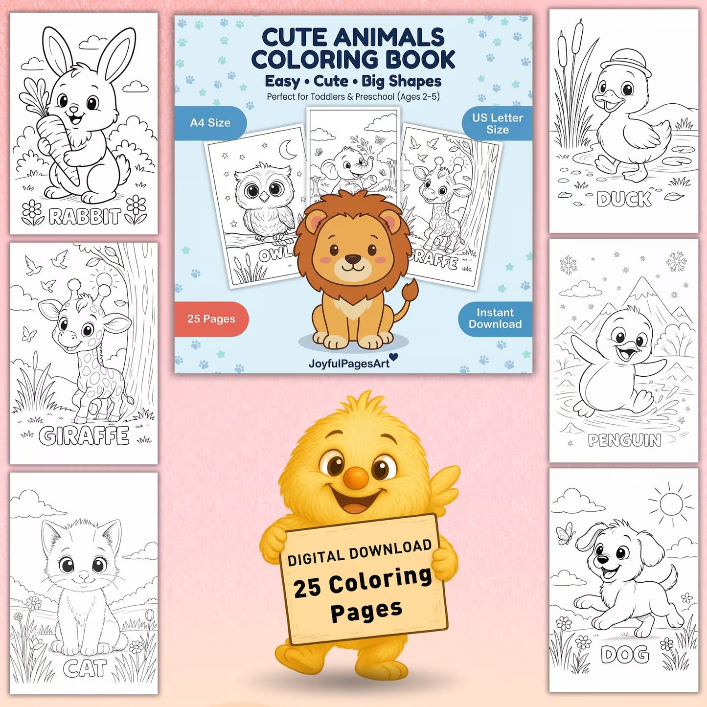 Animal Coloring book Printable PDF | 25 Coloring Pages | Easy Bold Outlines | Kids Activity